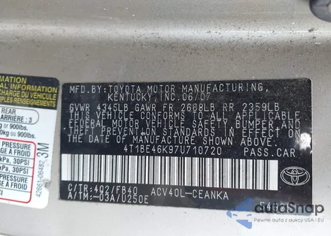 2007 Toyota Camry Le from USA, damaged, VIN 4T1BE46K97U710720